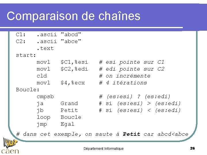 Comparaison de chaînes C 1: C 2: . ascii. text start: movl cld movl