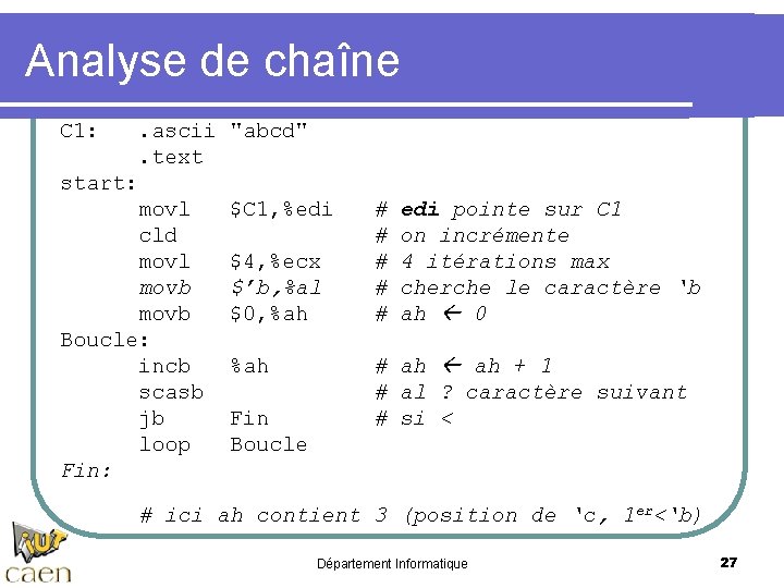 Analyse de chaîne C 1: . ascii "abcd". text start: movl $C 1, %edi