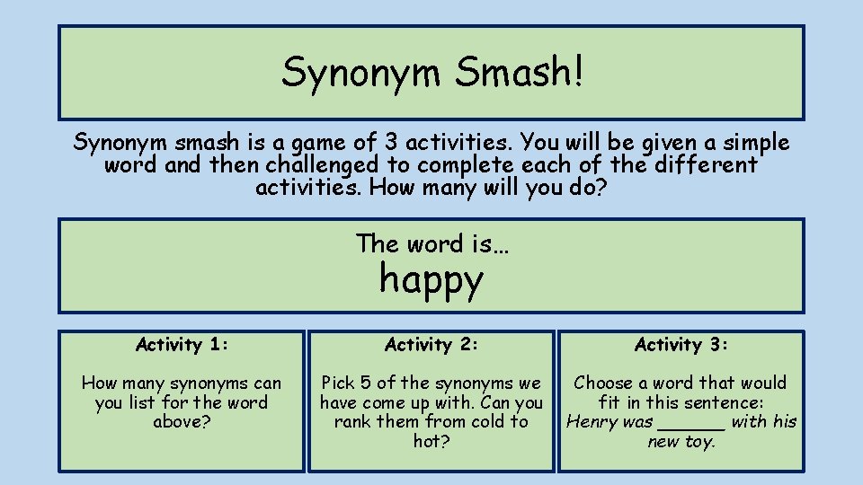 Synonym Smash! Synonym smash is a game of 3 activities. You will be given