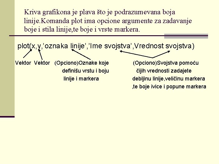 Kriva grafikona je plava što je podrazumevana boja linije. Komanda plot ima opcione argumente