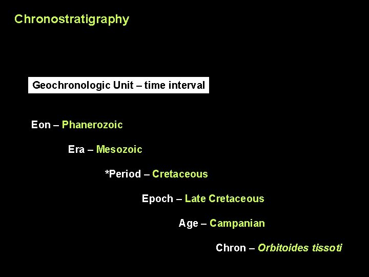 Chronostratigraphy Geochronologic Unit – time interval Eon – Phanerozoic Era – Mesozoic *Period –