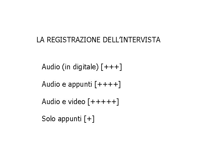 LA REGISTRAZIONE DELL’INTERVISTA Audio (in digitale) [+++] Audio e appunti [++++] Audio e video