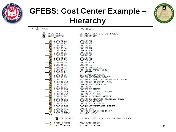 GFEBS: Cost Center Example – Hierarchy 44 