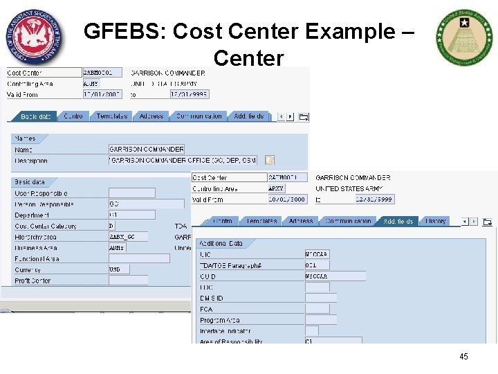 GFEBS: Cost Center Example – Center 45 