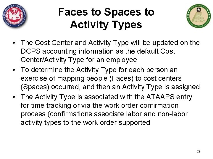 Faces to Spaces to Activity Types • The Cost Center and Activity Type will