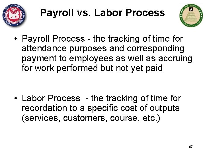 Payroll vs. Labor Process • Payroll Process - the tracking of time for attendance