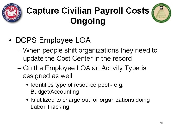Capture Civilian Payroll Costs Ongoing • DCPS Employee LOA – When people shift organizations