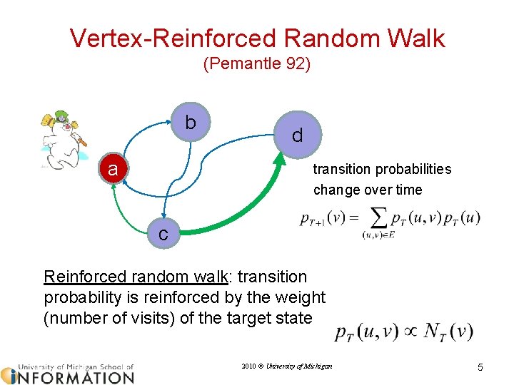 Vertex-Reinforced Random Walk (Pemantle 92) b a d transition probabilities change over time c