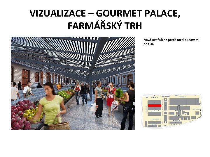 VIZUALIZACE – GOURMET PALACE, FARMÁŘSKÝ TRH Nová zastřešená pasáž mezi budovami 22 a 36