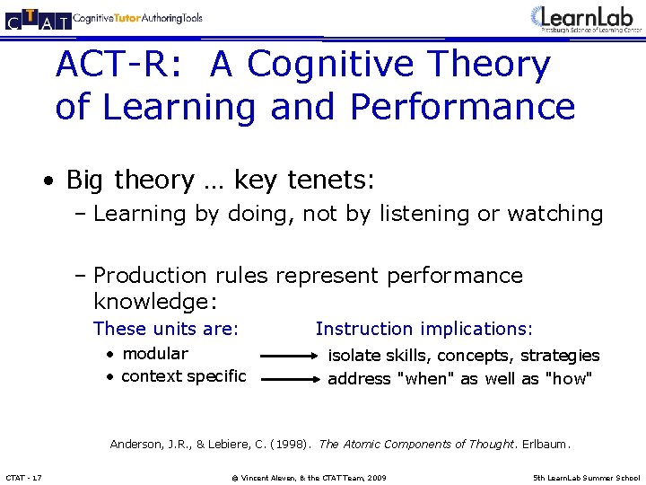 ACT-R: A Cognitive Theory of Learning and Performance • Big theory … key tenets: