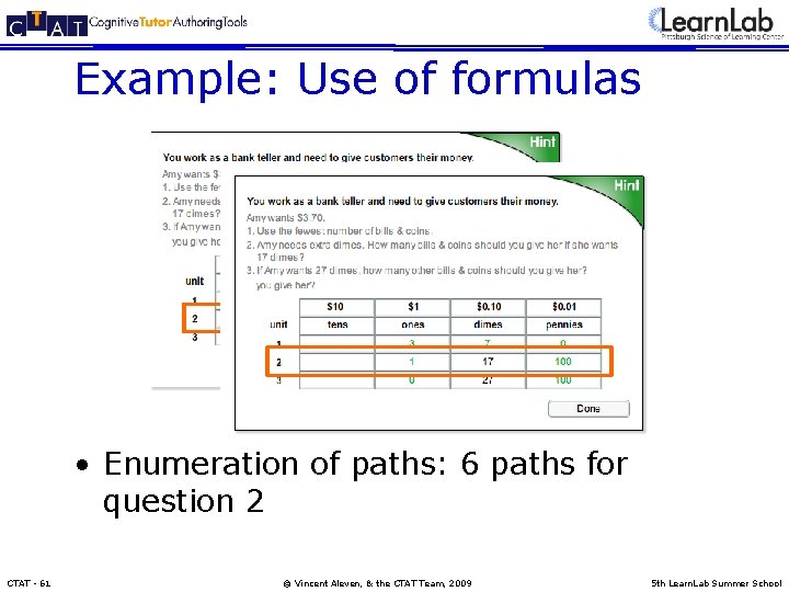Example: Use of formulas • Enumeration of paths: 6 paths for question 2 CTAT