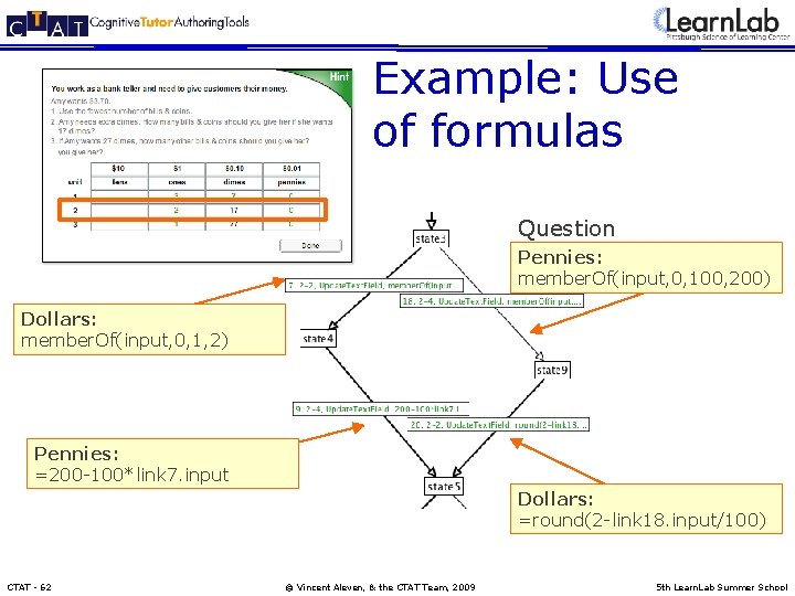 Example: Use of formulas Question 2 Pennies: member. Of(input, 0, 100, 200) Dollars: member.