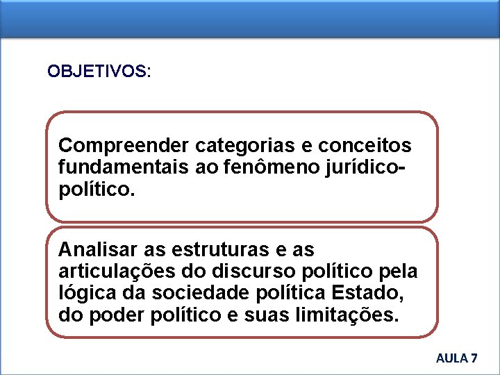 OBJETIVOS: Compreender categorias e conceitos fundamentais ao fenômeno jurídicopolítico. Analisar as estruturas e as