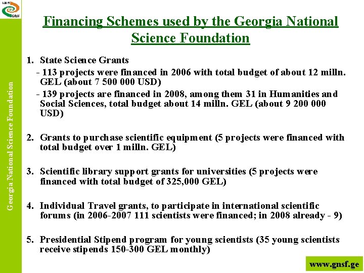 Georgia National Science Foundation Financing Schemes used by the Georgia National Science Foundation 1.