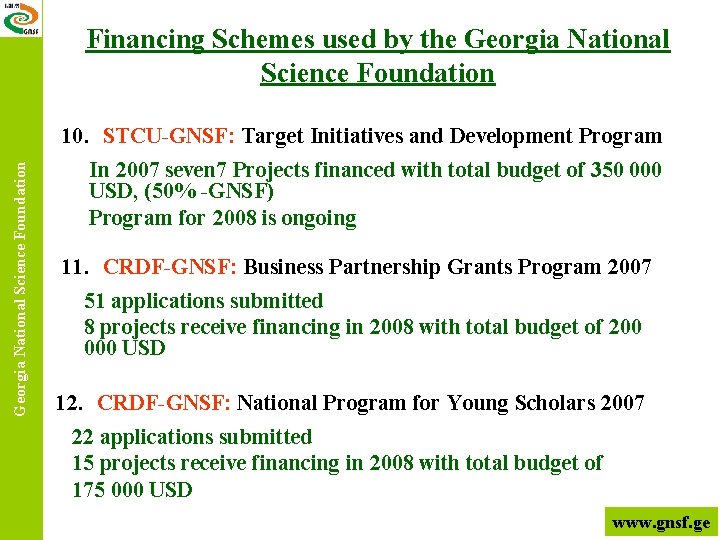 Financing Schemes used by the Georgia National Science Foundation 10. STCU-GNSF: Target Initiatives and