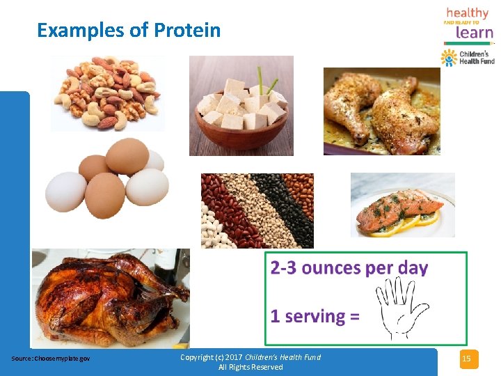 Examples of Protein Source: Choosemyplate. gov Copyright (c) 2017 Children's Health Fund All Rights
