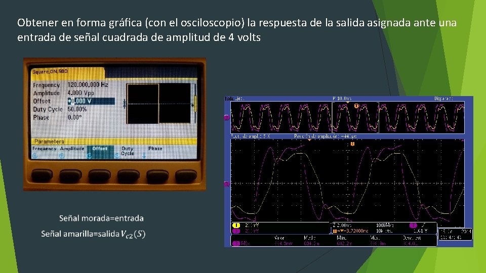 Obtener en forma gráﬁca (con el osciloscopio) la respuesta de la salida asignada ante