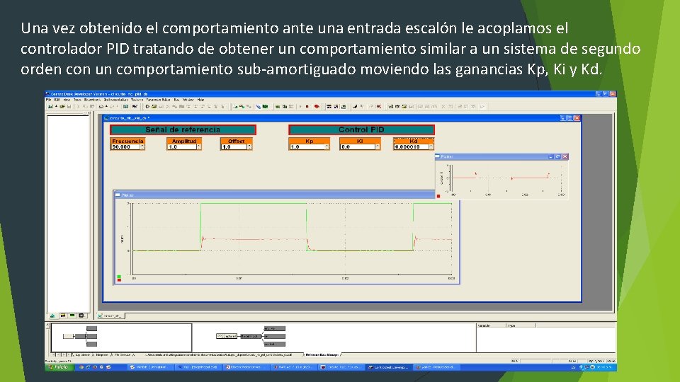 Una vez obtenido el comportamiento ante una entrada escalón le acoplamos el controlador PID