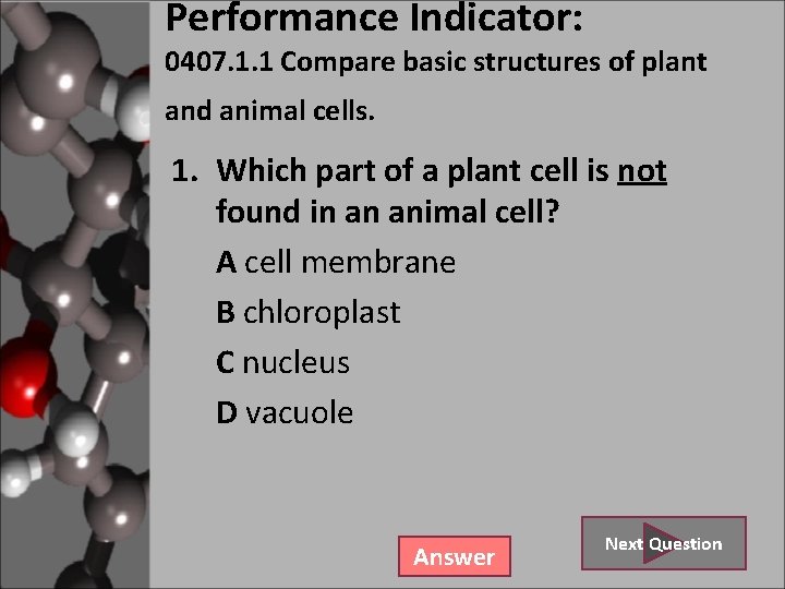 Performance Indicator: 0407. 1. 1 Compare basic structures of plant and animal cells. 1.