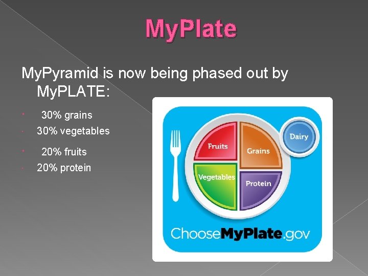 My. Plate My. Pyramid is now being phased out by My. PLATE: 30% grains
