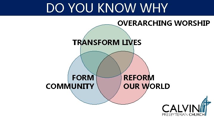 DO YOU KNOW WHY OVERARCHING WORSHIP TRANSFORM LIVES FORM COMMUNITY REFORM OUR WORLD 