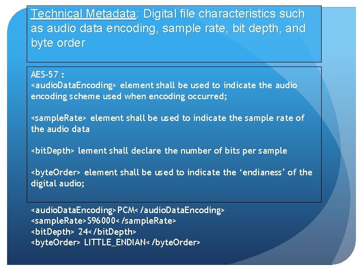 Technical Metadata: Digital file characteristics such as audio data encoding, sample rate, bit depth, Technical Metadata: Digital file characteristics such as audio data encoding, sample rate, bit depth,