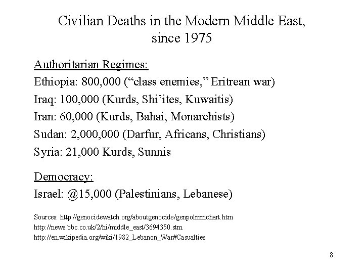 Civilian Deaths in the Modern Middle East, since 1975 Authoritarian Regimes: Ethiopia: 800, 000