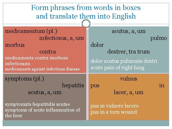 Form phrases from words in boxes and translate them into English medicamentum (pl. )