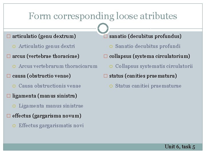 Form corresponding loose atributes � articulatio (genu dextrum) Articulatio genus dextri � arcus (vertebrae