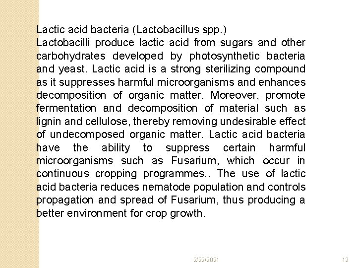 Lactic acid bacteria (Lactobacillus spp. ) Lactobacilli produce lactic acid from sugars and other Lactic acid bacteria (Lactobacillus spp. ) Lactobacilli produce lactic acid from sugars and other