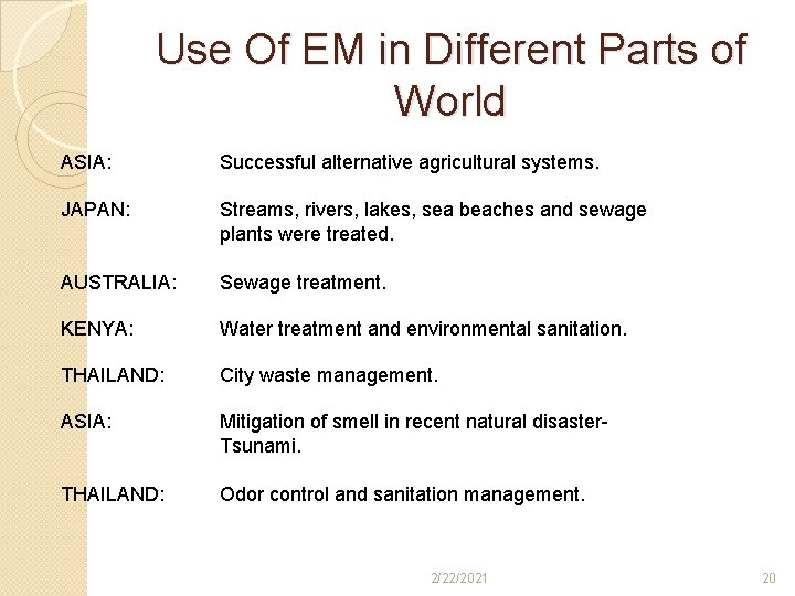 Use Of EM in Different Parts of World ASIA: Successful alternative agricultural systems. JAPAN: Use Of EM in Different Parts of World ASIA: Successful alternative agricultural systems. JAPAN:
