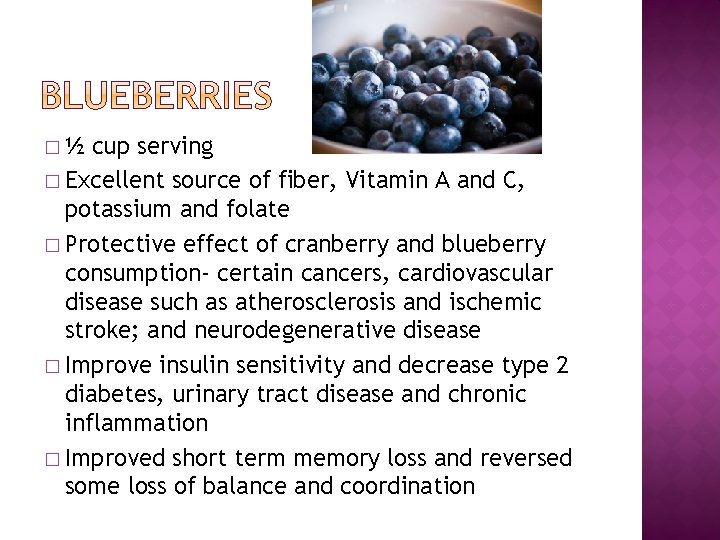 �½ cup serving � Excellent source of fiber, Vitamin A and C, potassium and