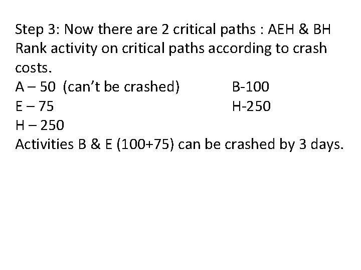 Step 3: Now there are 2 critical paths : AEH & BH Rank activity