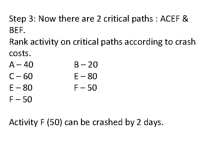 Step 3: Now there are 2 critical paths : ACEF & BEF. Rank activity