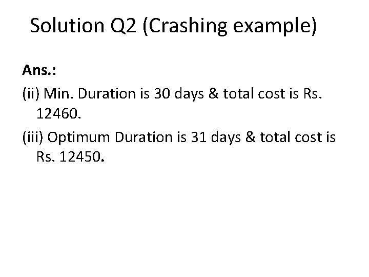 Solution Q 2 (Crashing example) Ans. : (ii) Min. Duration is 30 days &