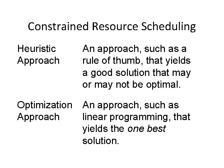 Constrained Resource Scheduling Heuristic Approach An approach, such as a rule of thumb, that