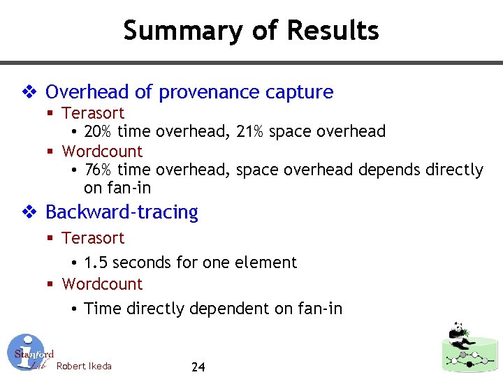 Summary of Results v Overhead of provenance capture § Terasort • 20% time overhead,