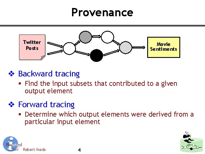 Provenance Twitter Posts Movie Sentiments v Backward tracing § Find the input subsets that