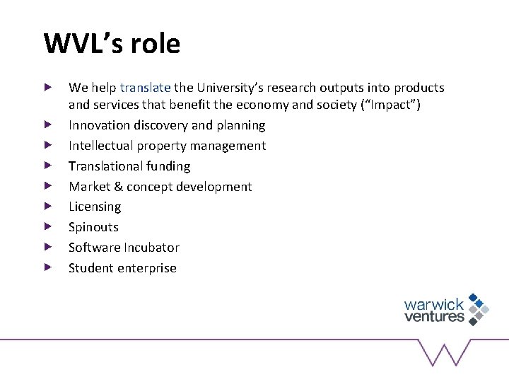 WVL’s role We help translate the University’s research outputs into products and services that