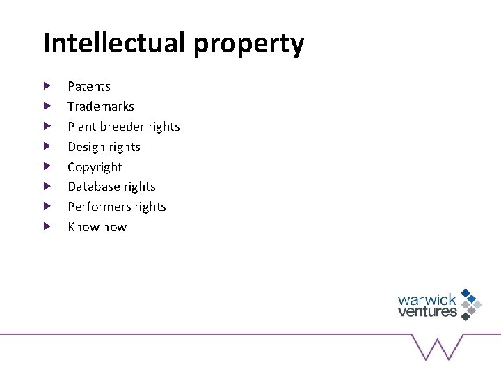 Intellectual property Patents Trademarks Plant breeder rights Design rights Copyright Database rights Performers rights