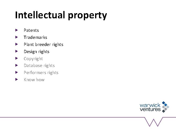 Intellectual property Patents Trademarks Plant breeder rights Design rights Copyright Database rights Performers rights