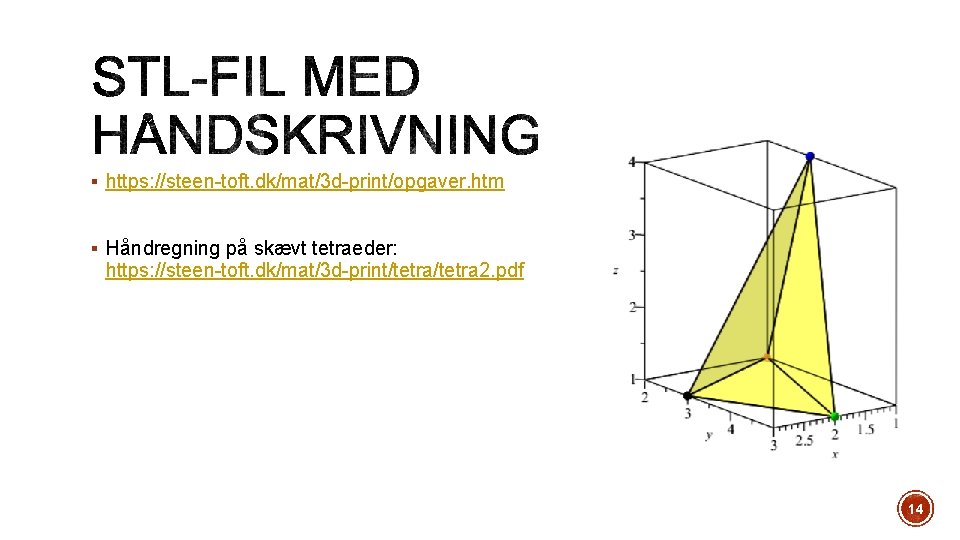 § https: //steen-toft. dk/mat/3 d-print/opgaver. htm § Håndregning på skævt tetraeder: https: //steen-toft. dk/mat/3