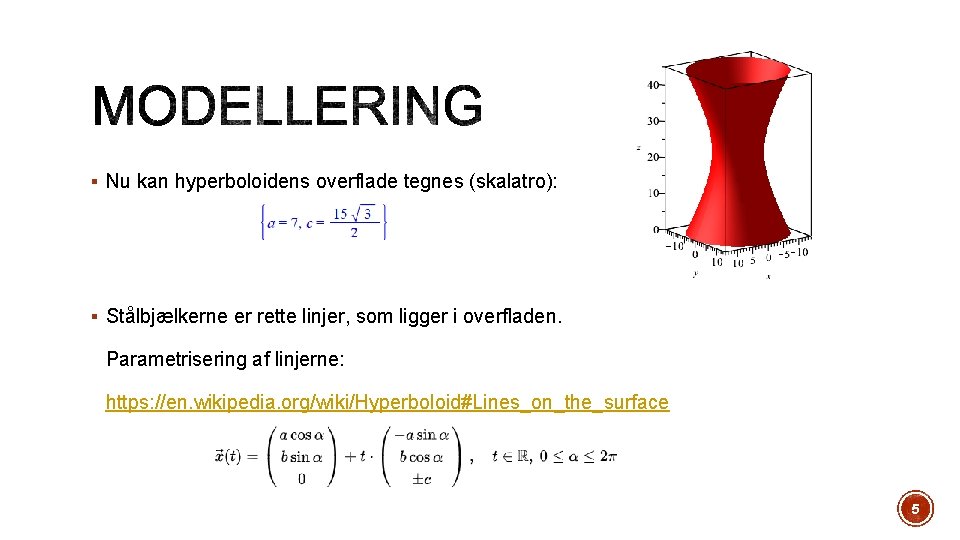 § Nu kan hyperboloidens overflade tegnes (skalatro): § Stålbjælkerne er rette linjer, som ligger