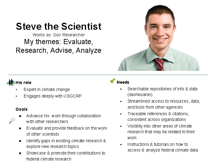 Steve the Scientist Works as: Gov Researcher My themes: Evaluate, Research, Advise, Analyze His