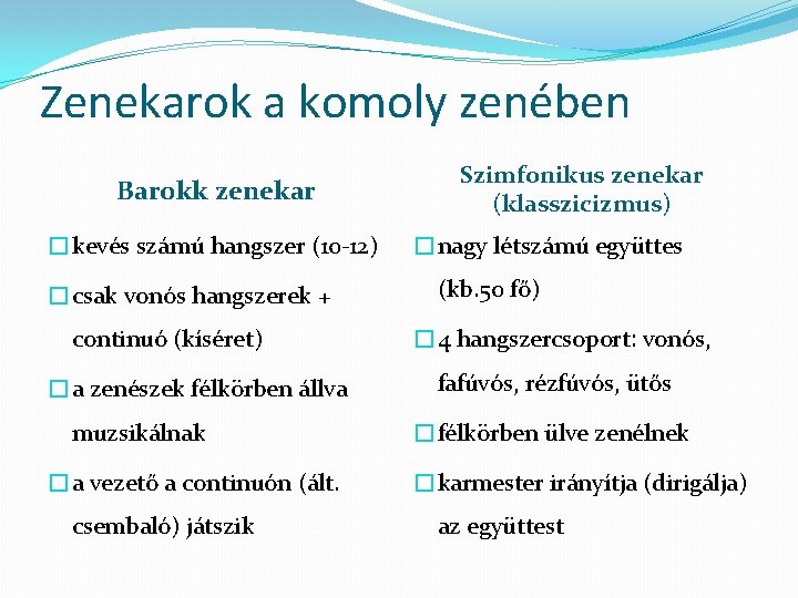 Zenekarok a komoly zenében Barokk zenekar �kevés számú hangszer (10 -12) �csak vonós hangszerek