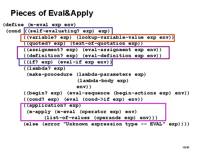 Pieces of Eval&Apply (define (m-eval exp env) (cond ((self-evaluating? exp) ((variable? exp) (lookup-variable-value exp