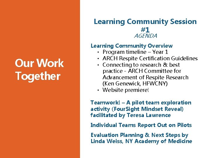 Learning Community Session #1 AGENDA Our Work Together Learning Community Overview • Program timeline