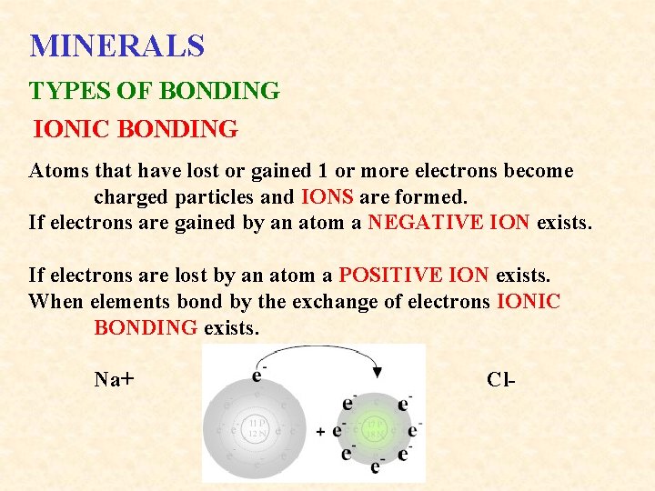 MINERALS TYPES OF BONDING IONIC BONDING Atoms that have lost or gained 1 or