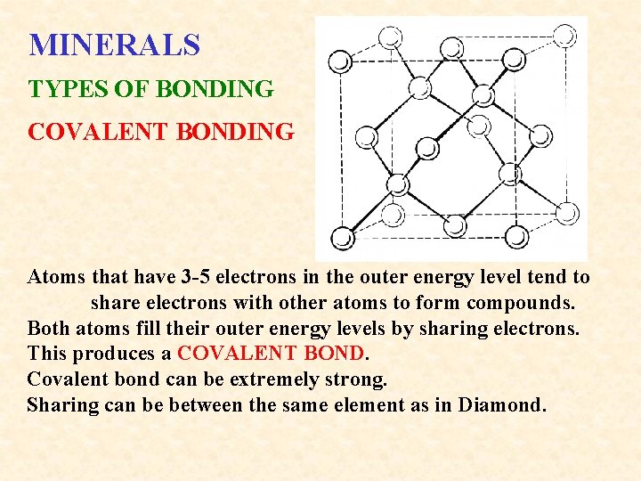 MINERALS TYPES OF BONDING COVALENT BONDING Atoms that have 3 -5 electrons in the