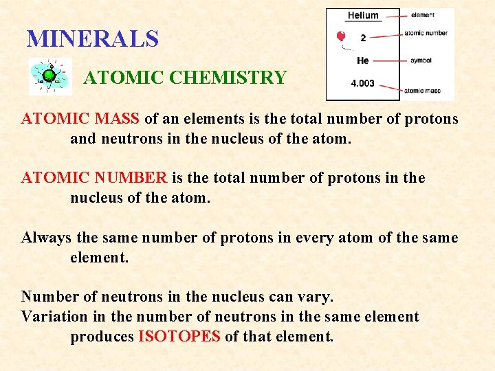 MINERALS ATOMIC CHEMISTRY ATOMIC MASS of an elements is the total number of protons
